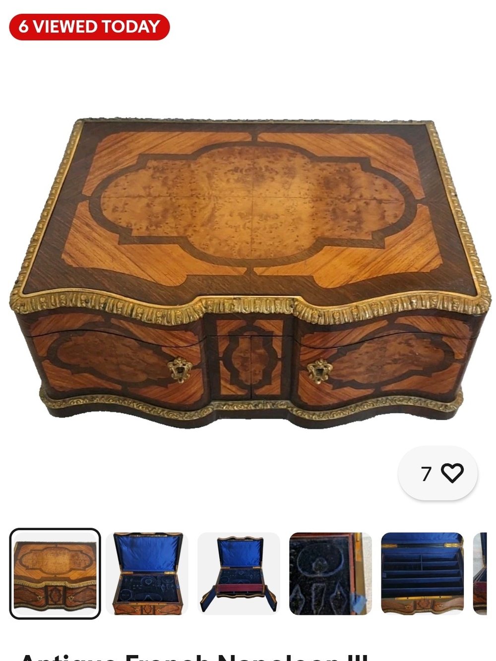 French Antique Jewelry Box With MARQUETRY Casket with Gold Trim Napoleon Ill